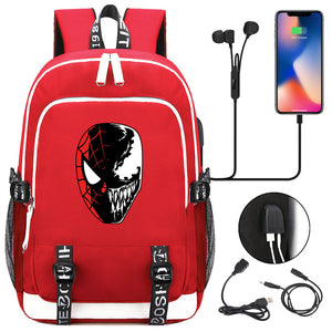 Spiderman Venom Superhero USB Charging Backpack School Note Book Laptop Travel Bags