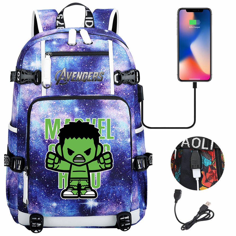 Avengers Superhero Iron Man Captain America Spiderman Hulk Thor Thanos USB Charging Backpack School NoteBook Laptop Travel Bags