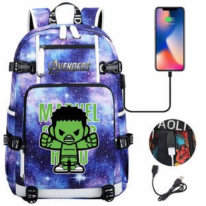 Avengers Superhero Iron Man Captain America Spiderman Hulk Thor Thanos USB Charging Backpack School NoteBook Laptop Travel Bags