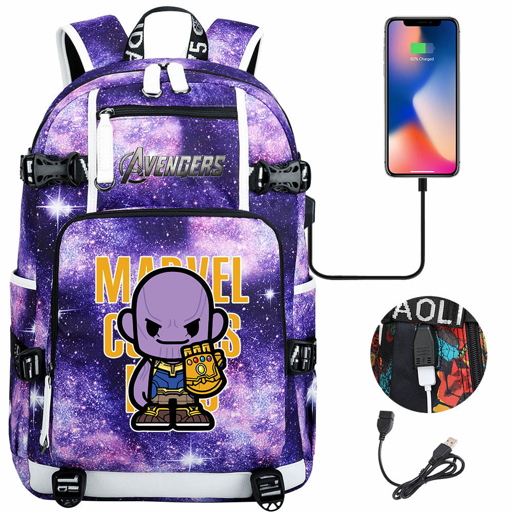 Avengers Superhero Iron Man Captain America Spiderman Hulk Thor Thanos USB Charging Backpack School NoteBook Laptop Travel Bags
