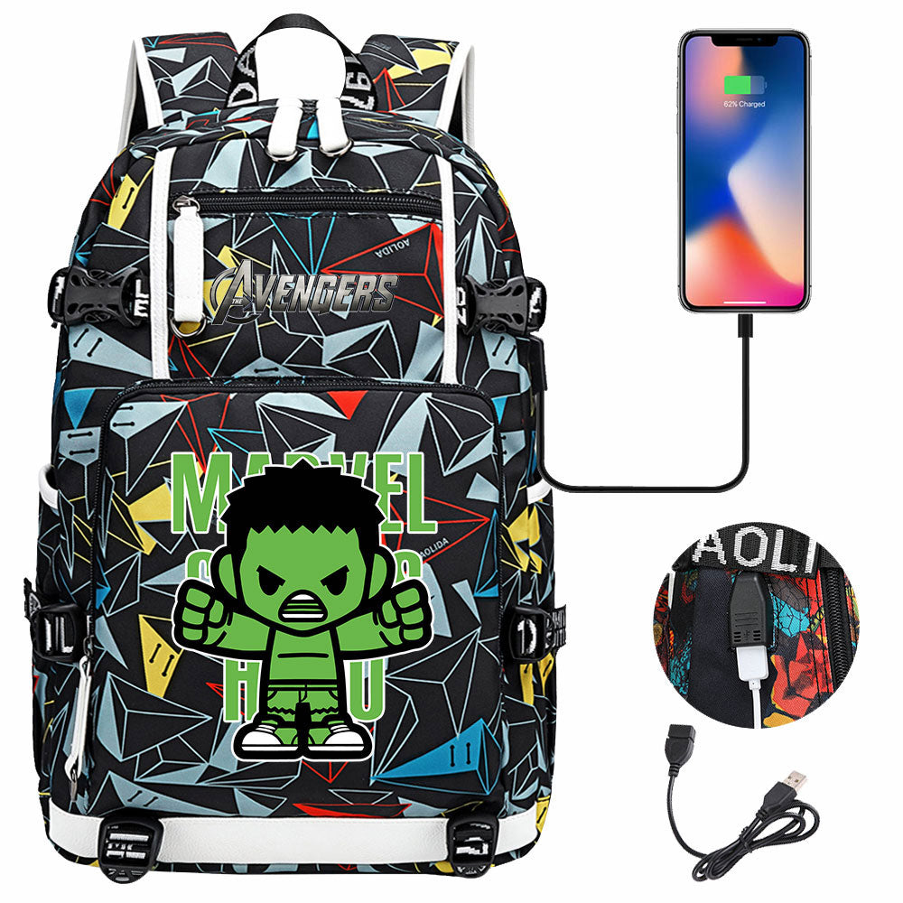 Avengers Superhero Iron Man Captain America Spiderman Hulk Thor Thanos USB Charging Backpack School NoteBook Laptop Travel Bags