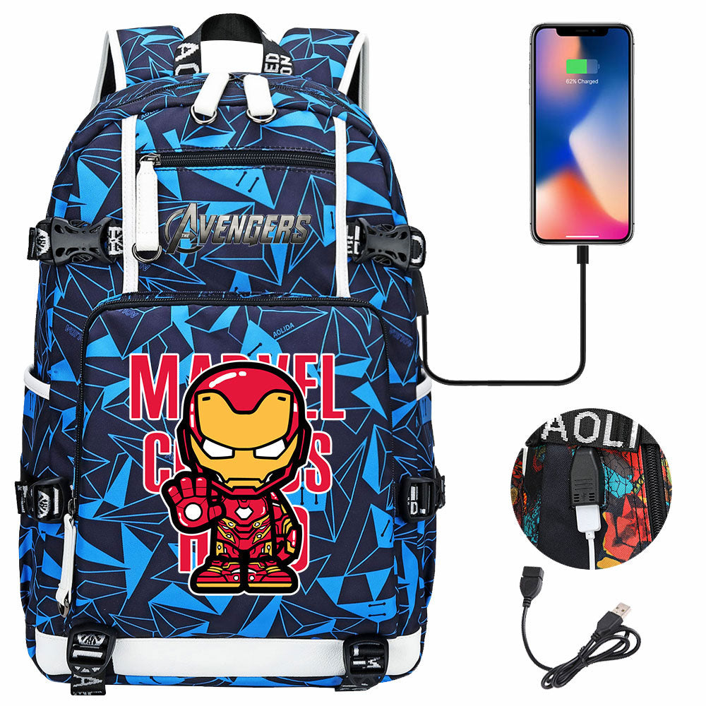 Avengers Superhero Iron Man Captain America Spiderman Hulk Thor Thanos USB Charging Backpack School NoteBook Laptop Travel Bags