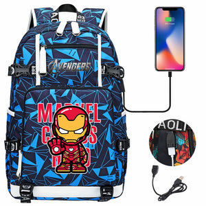 Avengers Superhero Iron Man Captain America Spiderman Hulk Thor Thanos USB Charging Backpack School NoteBook Laptop Travel Bags