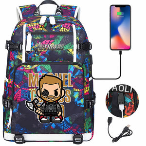 Avengers Superhero Iron Man Captain America Spiderman Hulk Thor Thanos USB Charging Backpack School NoteBook Laptop Travel Bags