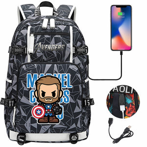 Avengers Superhero Iron Man Captain America Spiderman Hulk Thor Thanos USB Charging Backpack School NoteBook Laptop Travel Bags