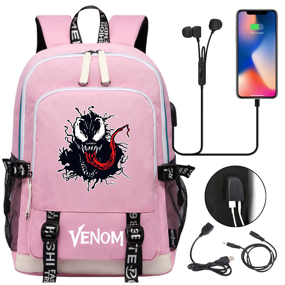Venom Superhero USB Charging Backpack School Note Book Laptop Travel Bags