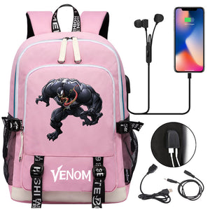 Venom Superhero USB Charging Backpack School Note Book Laptop Travel Bags