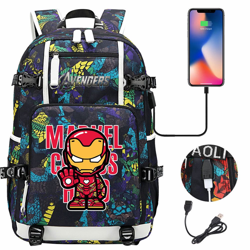 Avengers Superhero Iron Man Captain America Spiderman Hulk Thor Thanos USB Charging Backpack School NoteBook Laptop Travel Bags