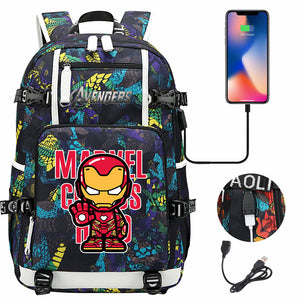 Avengers Superhero Iron Man Captain America Spiderman Hulk Thor Thanos USB Charging Backpack School NoteBook Laptop Travel Bags