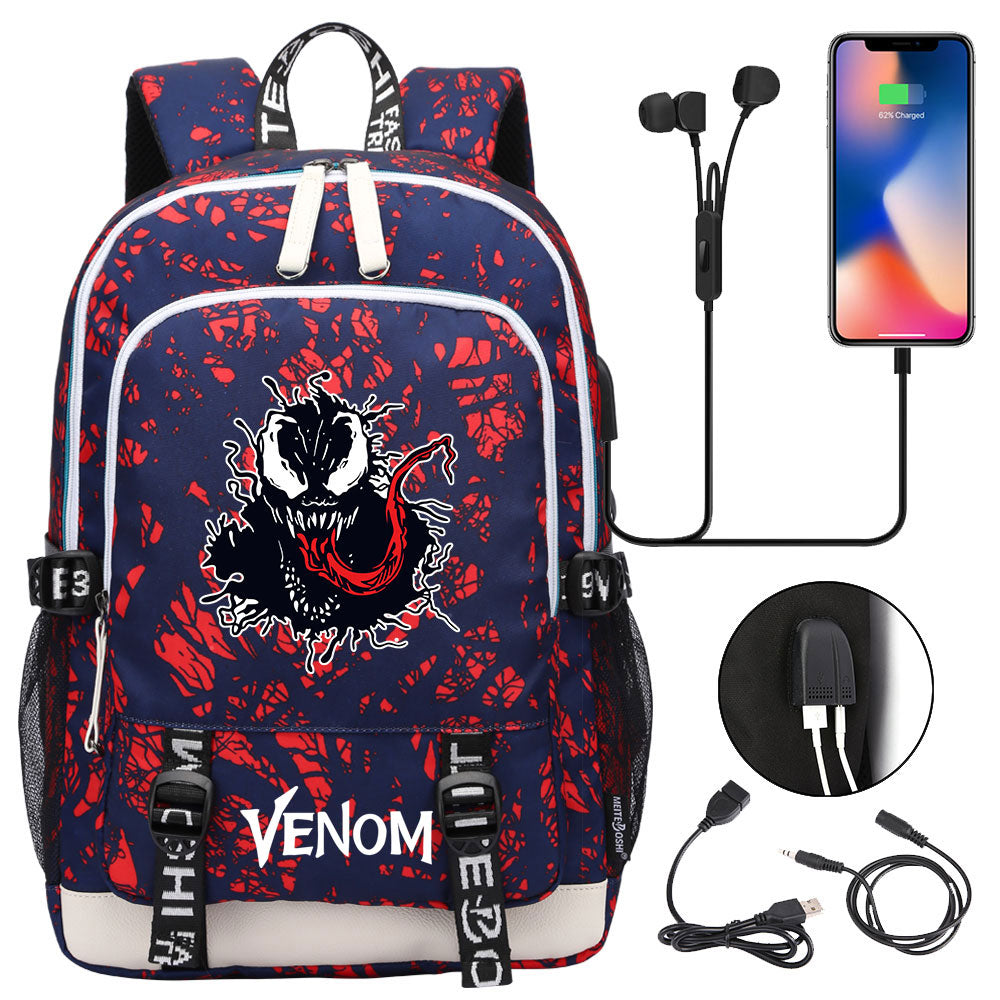 Venom Superhero USB Charging Backpack School Note Book Laptop Travel Bags