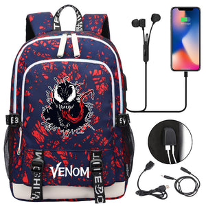 Venom Superhero USB Charging Backpack School Note Book Laptop Travel Bags