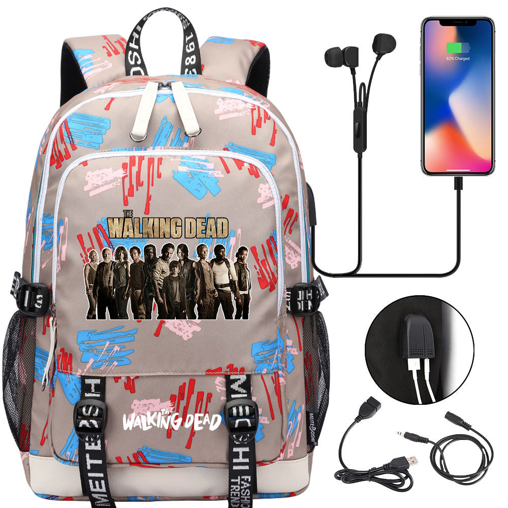 The Walking Dead USB Charging Backpack School Note Book Laptop Travel Bags