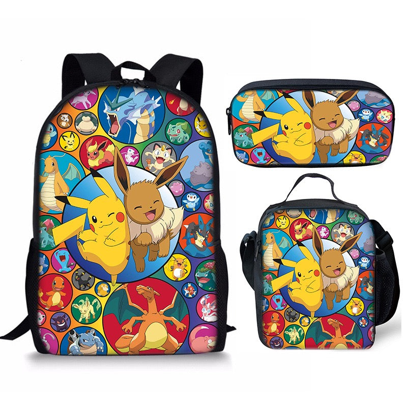 Pikachu Schoolbag Backpack Lunch Bag Pencil Case 3pcs Set Gift for Kids Students