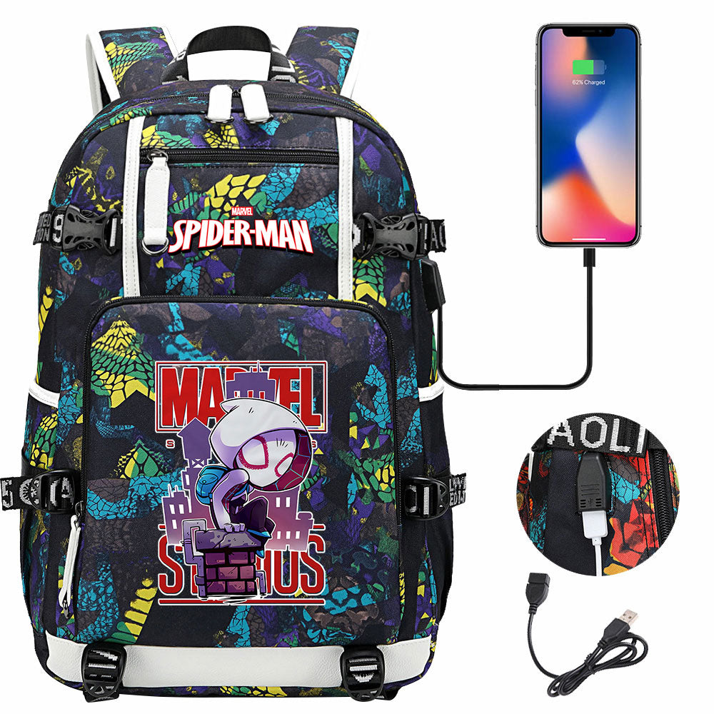 Spiderman Gwen Miles Morales  USB Charging Backpack School NoteBook Laptop Travel Bags