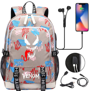 Venom Superhero USB Charging Backpack School Note Book Laptop Travel Bags