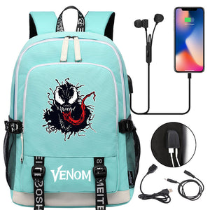 Venom Superhero USB Charging Backpack School Note Book Laptop Travel Bags