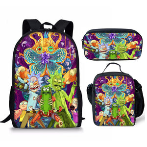 Rick and Morty Schoolbag Backpack Lunch Bag Pencil Case Set Gift for Kids Students