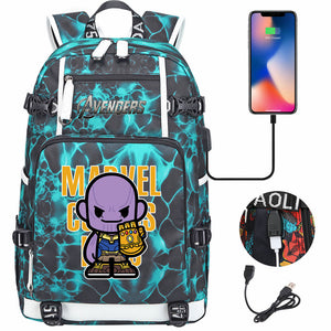 Avengers Superhero Iron Man Captain America Spiderman Hulk Thor Thanos USB Charging Backpack School NoteBook Laptop Travel Bags