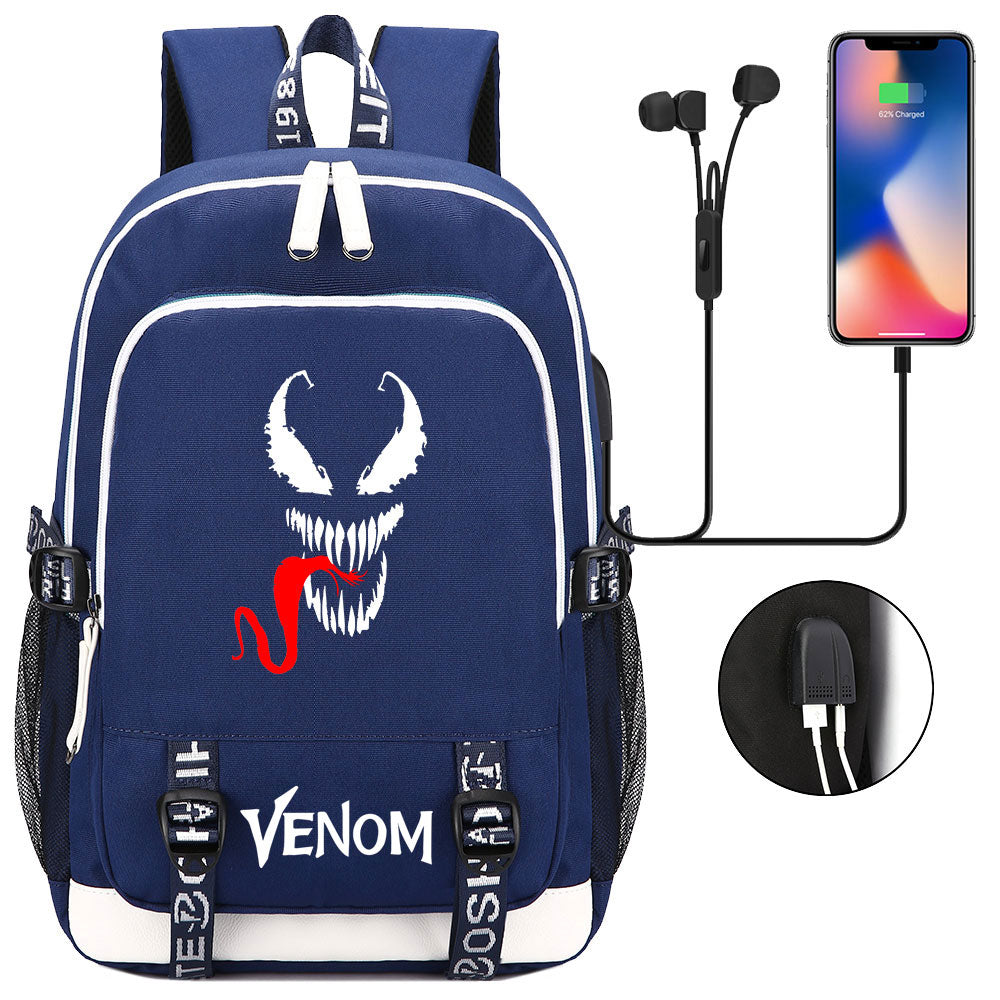 Venom Superhero USB Charging Backpack School Note Book Laptop Travel Bags