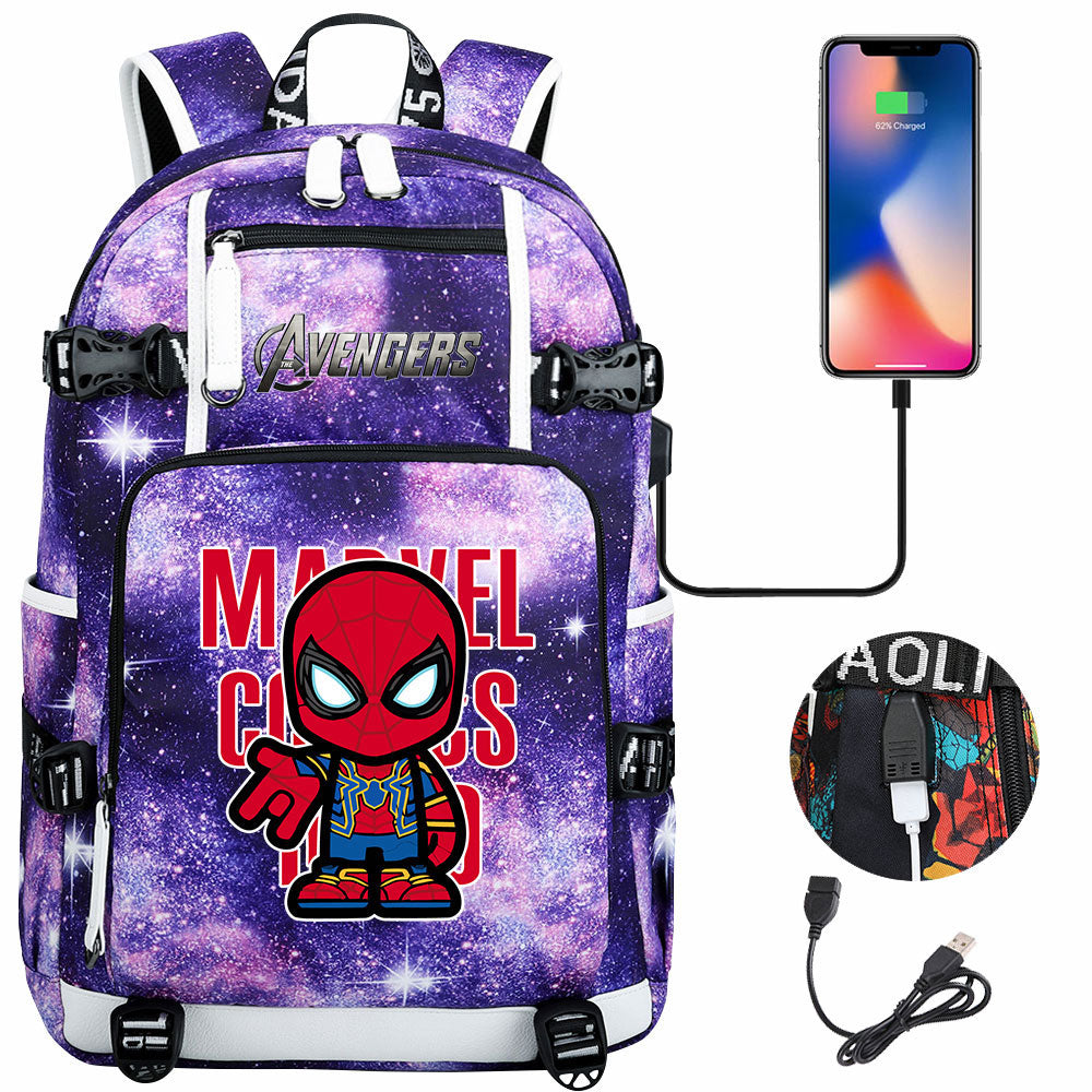 Avengers Superhero Iron Man Captain America Spiderman Hulk Thor Thanos USB Charging Backpack School NoteBook Laptop Travel Bags