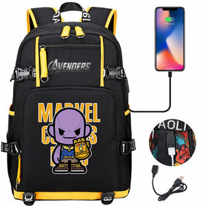 Avengers Superhero Iron Man Captain America Spiderman Hulk Thor Thanos USB Charging Backpack School NoteBook Laptop Travel Bags