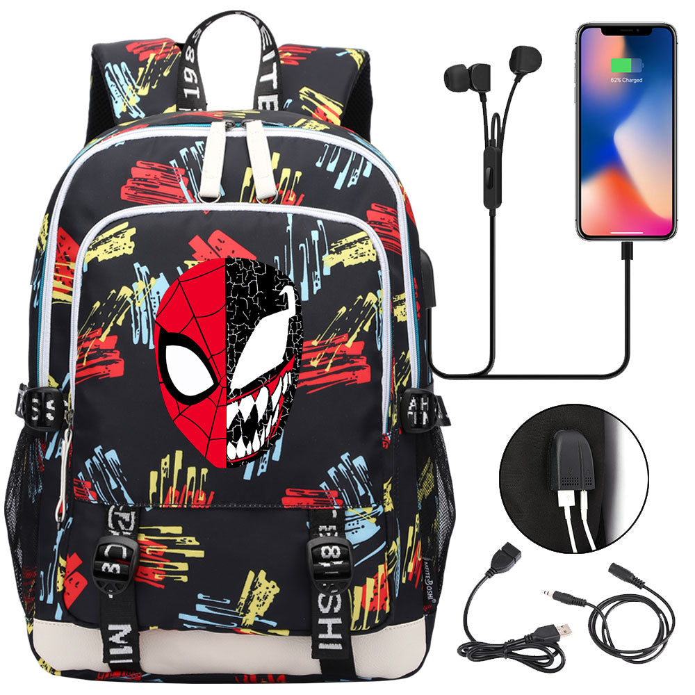 Spiderman Venom Superhero USB Charging Backpack School Note Book Laptop Travel Bags