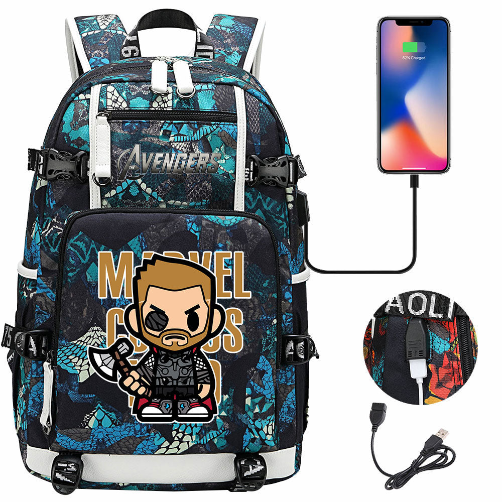 Avengers Superhero Iron Man Captain America Spiderman Hulk Thor Thanos USB Charging Backpack School NoteBook Laptop Travel Bags