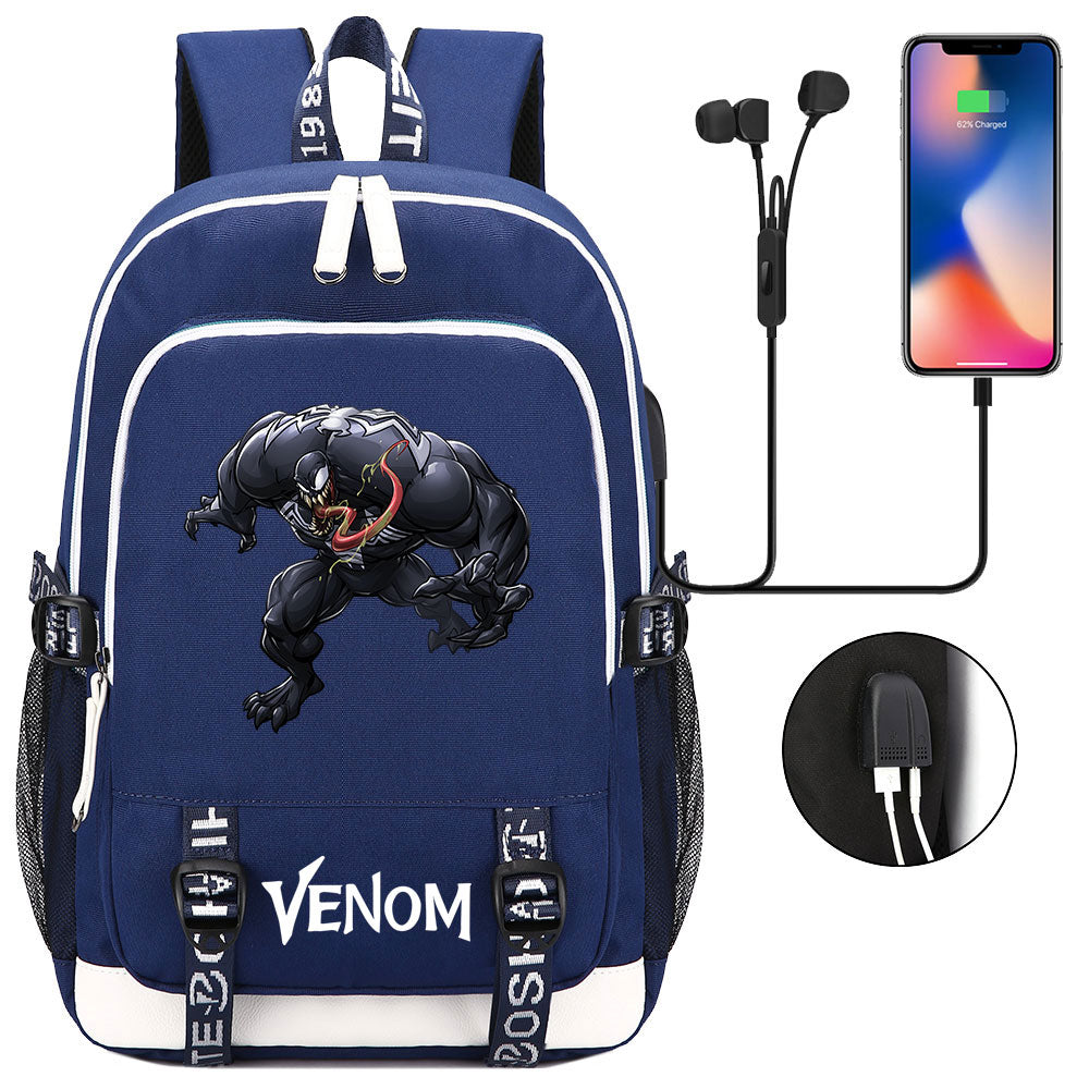 Venom Superhero USB Charging Backpack School Note Book Laptop Travel Bags