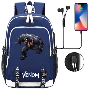 Venom Superhero USB Charging Backpack School Note Book Laptop Travel Bags