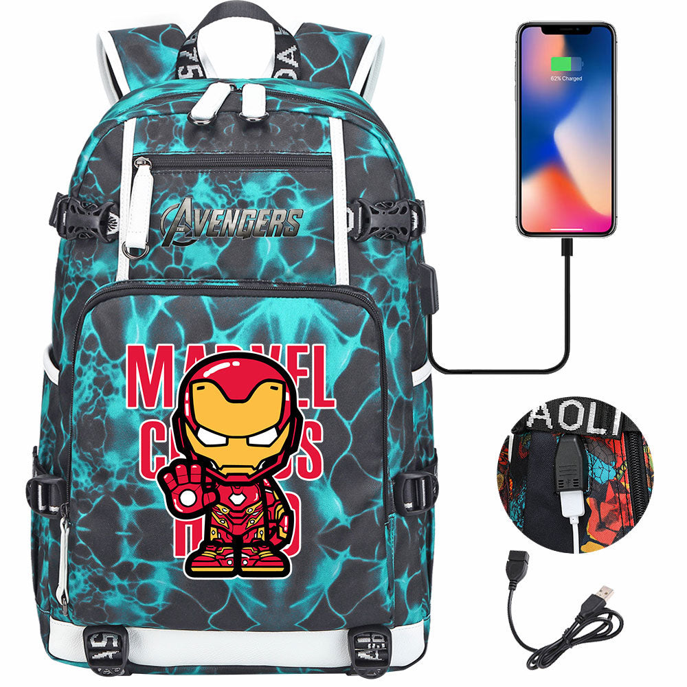 Avengers Superhero Iron Man Captain America Spiderman Hulk Thor Thanos USB Charging Backpack School NoteBook Laptop Travel Bags