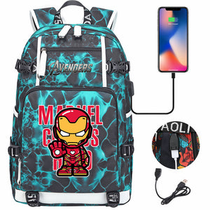 Avengers Superhero Iron Man Captain America Spiderman Hulk Thor Thanos USB Charging Backpack School NoteBook Laptop Travel Bags