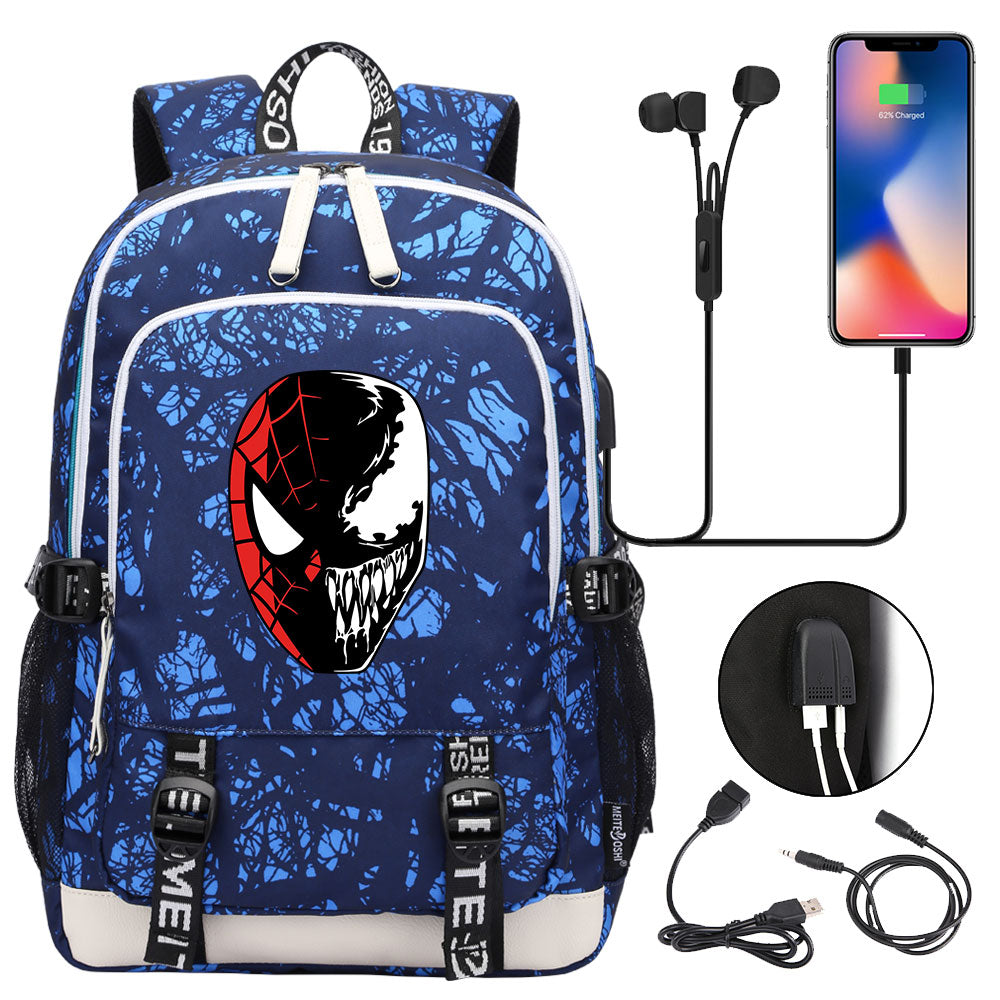 Spiderman Venom Superhero USB Charging Backpack School Note Book Laptop Travel Bags